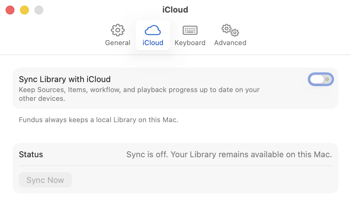 Fundus Settings, iCloud: Sync Library with iCloud is off. Status: Sync is off. Your Library remains available on this Mac.
