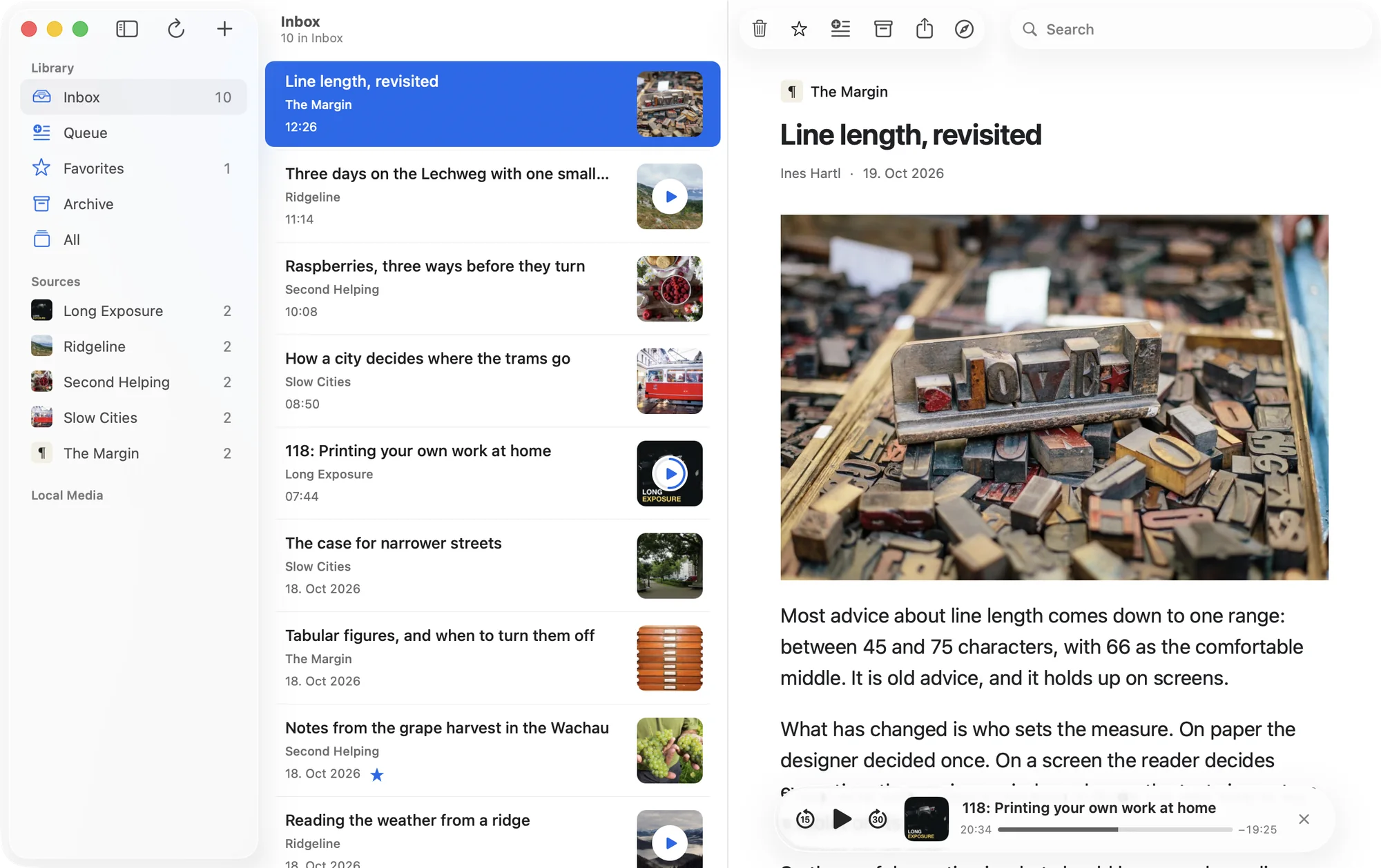 The Fundus window: an Inbox of ten items from five sources, the article “Line length, revisited” open beside it, and a podcast episode paused at 20 minutes 34 seconds.