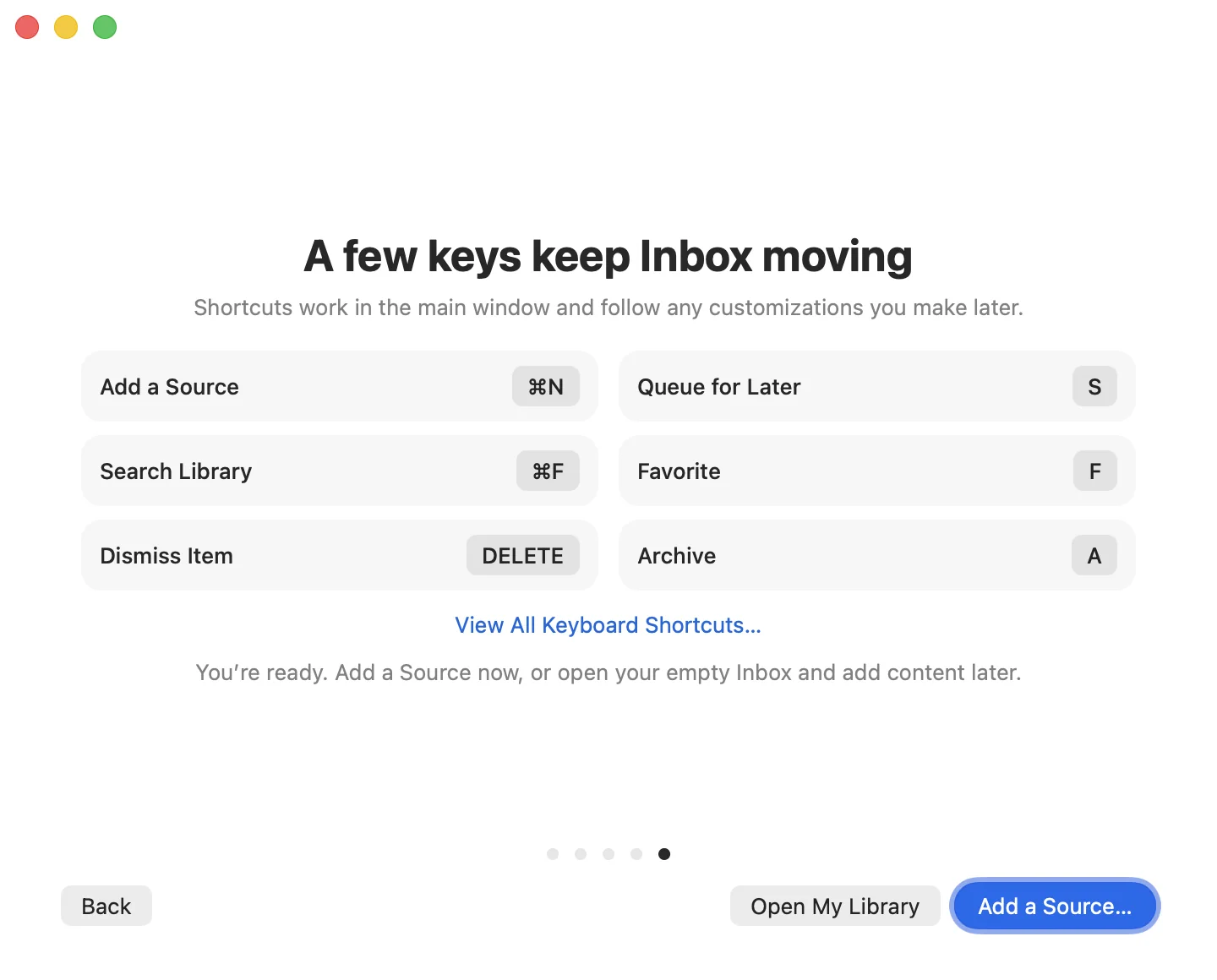 The last step of Getting Started, “A few keys keep Inbox moving”: Add a Source ⌘N, Search Library ⌘F, Dismiss Item Delete, Queue for Later S, Favorite F, Archive A.